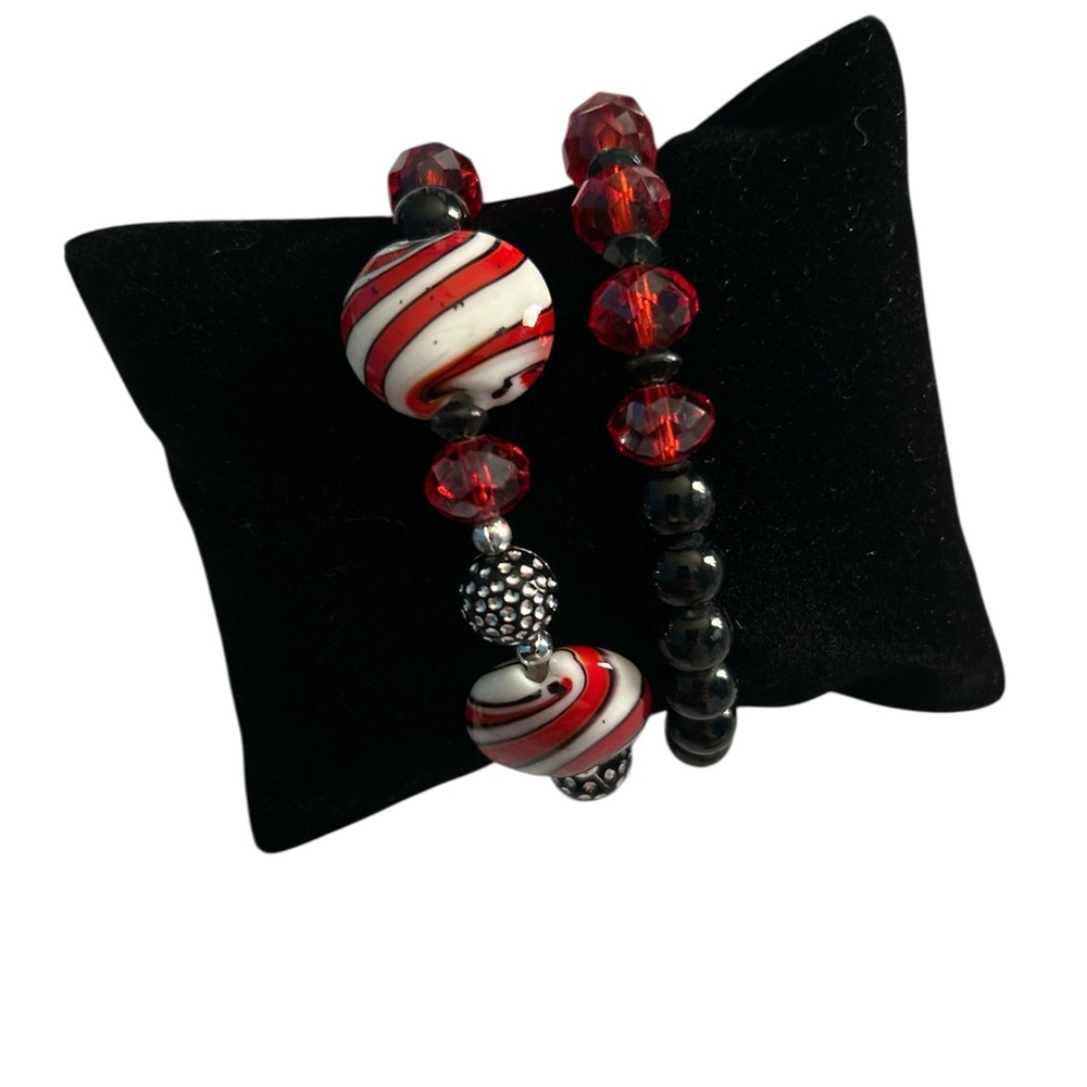 Kate & Macy White Peppermint Red Silver and Black Beaded Stretch Bracelets
